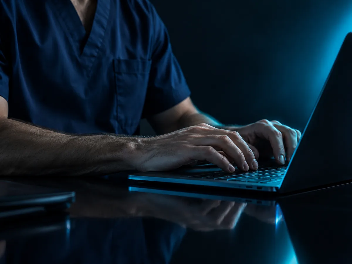 A provider reviewing an intake on a laptop